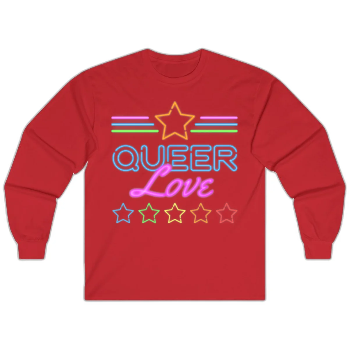 Neon queer love pride design with blue outlined text, magenta cursive script, orange and rainbow stars on gray background in Red