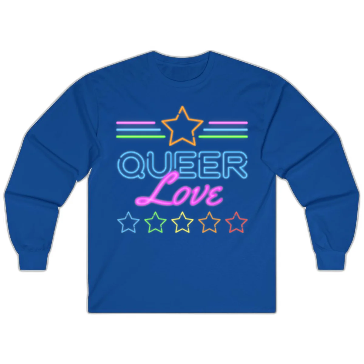 Neon queer love pride design with blue outlined text, magenta cursive script, orange and rainbow stars on gray background in Royal