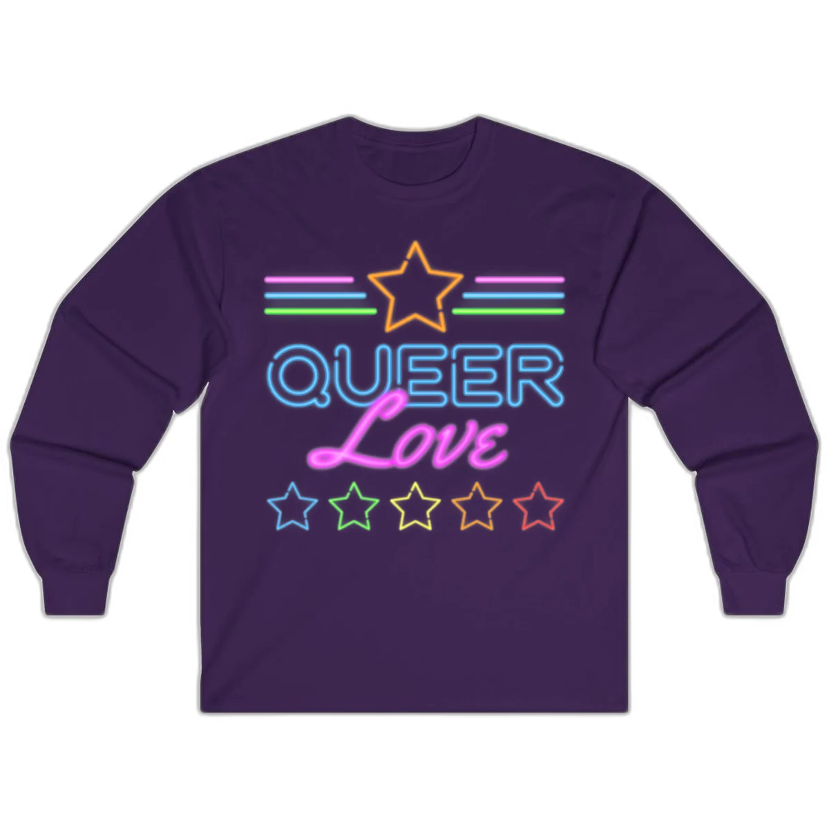 Neon queer love pride design with blue outlined text, magenta cursive script, orange and rainbow stars on gray background in Purple