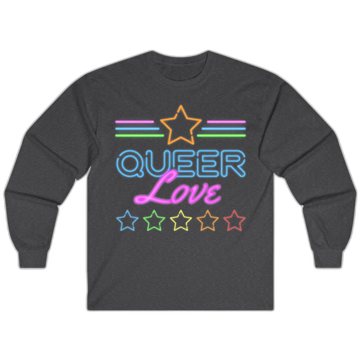 Neon queer love pride design with blue outlined text, magenta cursive script, orange and rainbow stars on gray background in Dark Heather