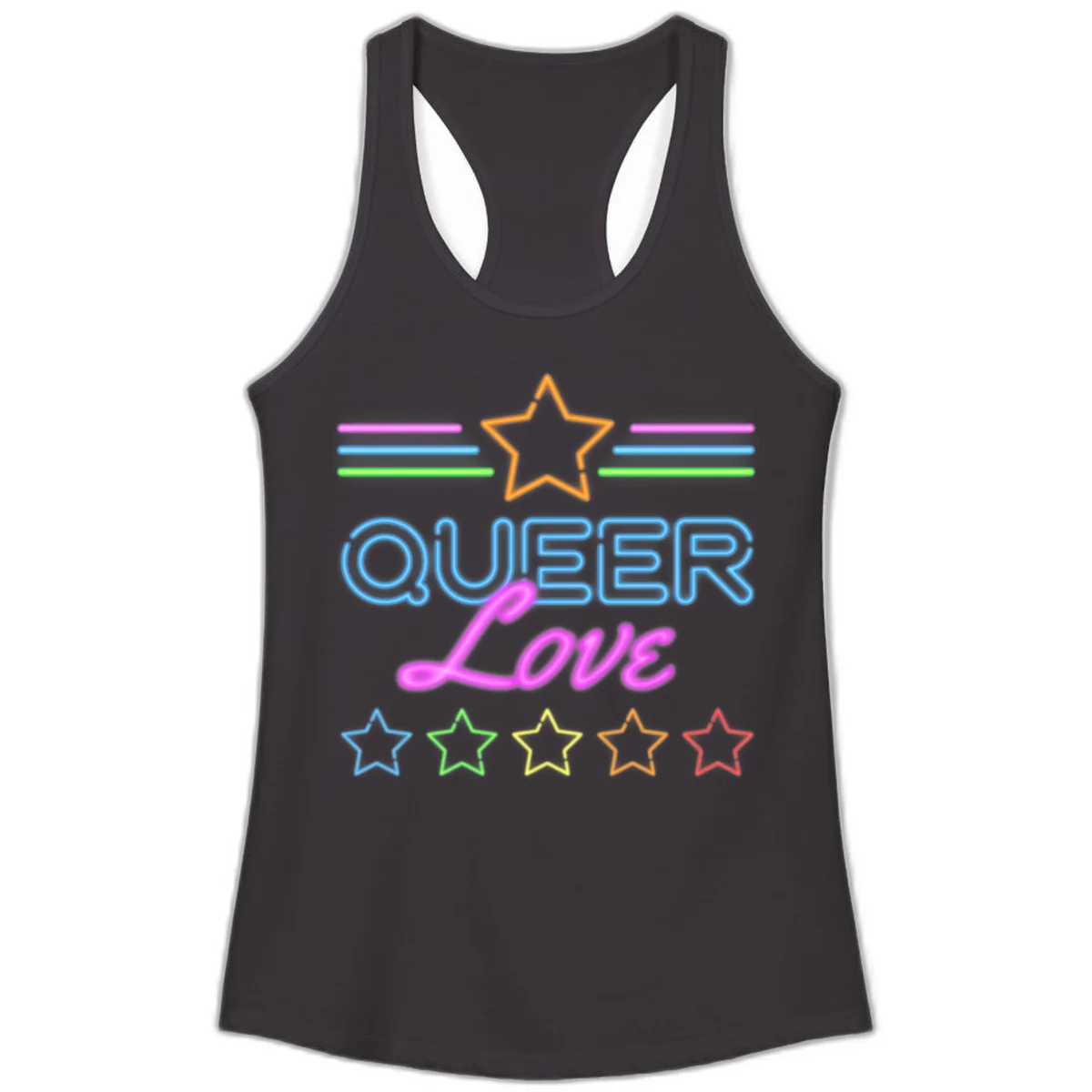 Neon queer love pride design with blue outlined text, magenta cursive script, orange and rainbow stars on gray background in Black