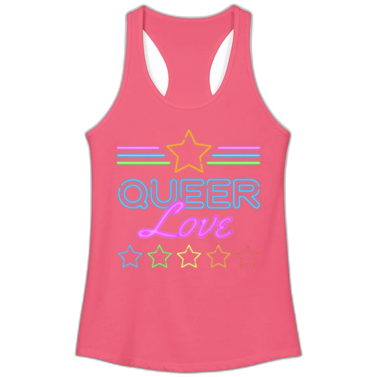 Neon queer love pride design with blue outlined text, magenta cursive script, orange and rainbow stars on gray background in Hot Pink