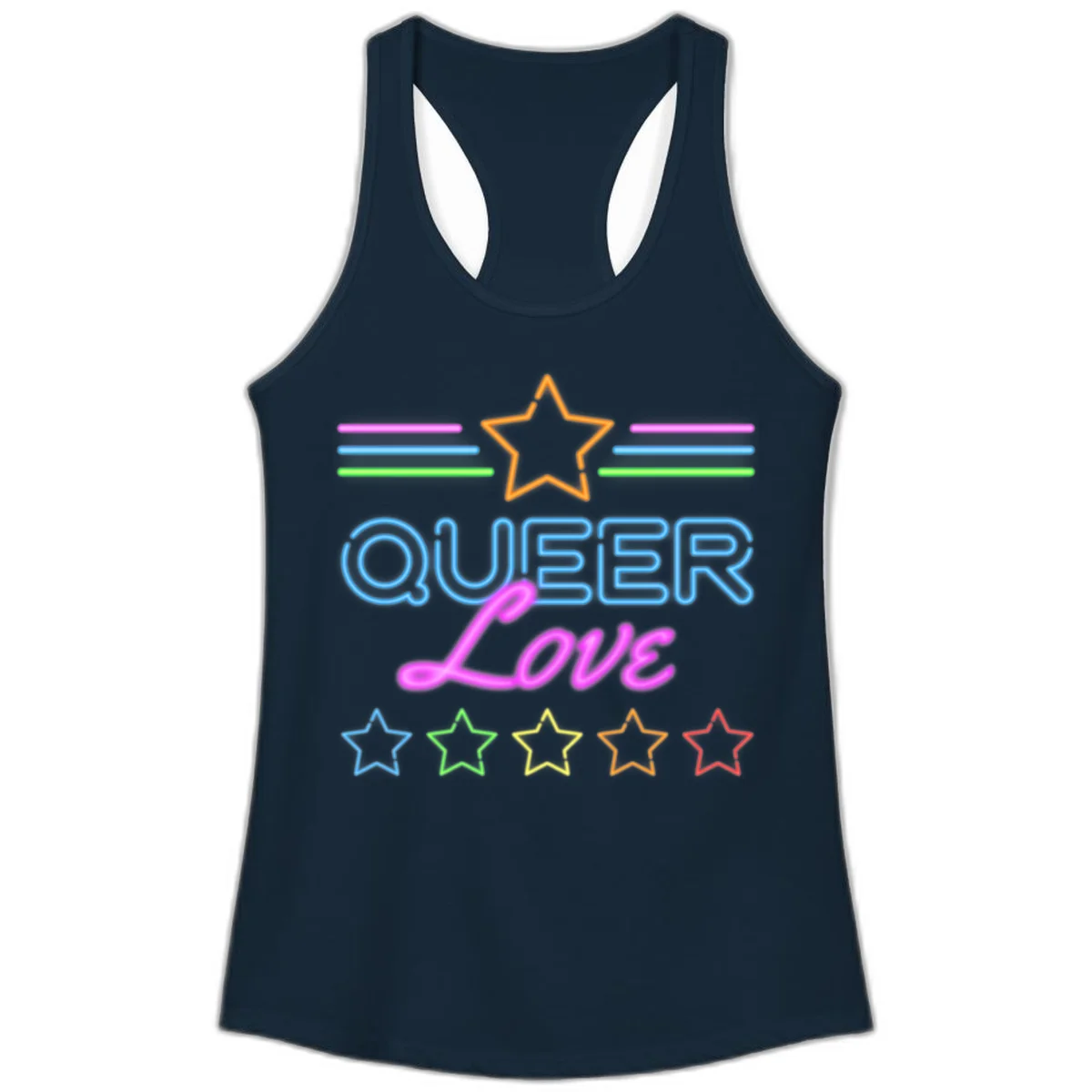 Neon queer love pride design with blue outlined text, magenta cursive script, orange and rainbow stars on gray background in Solid Midnight Navy