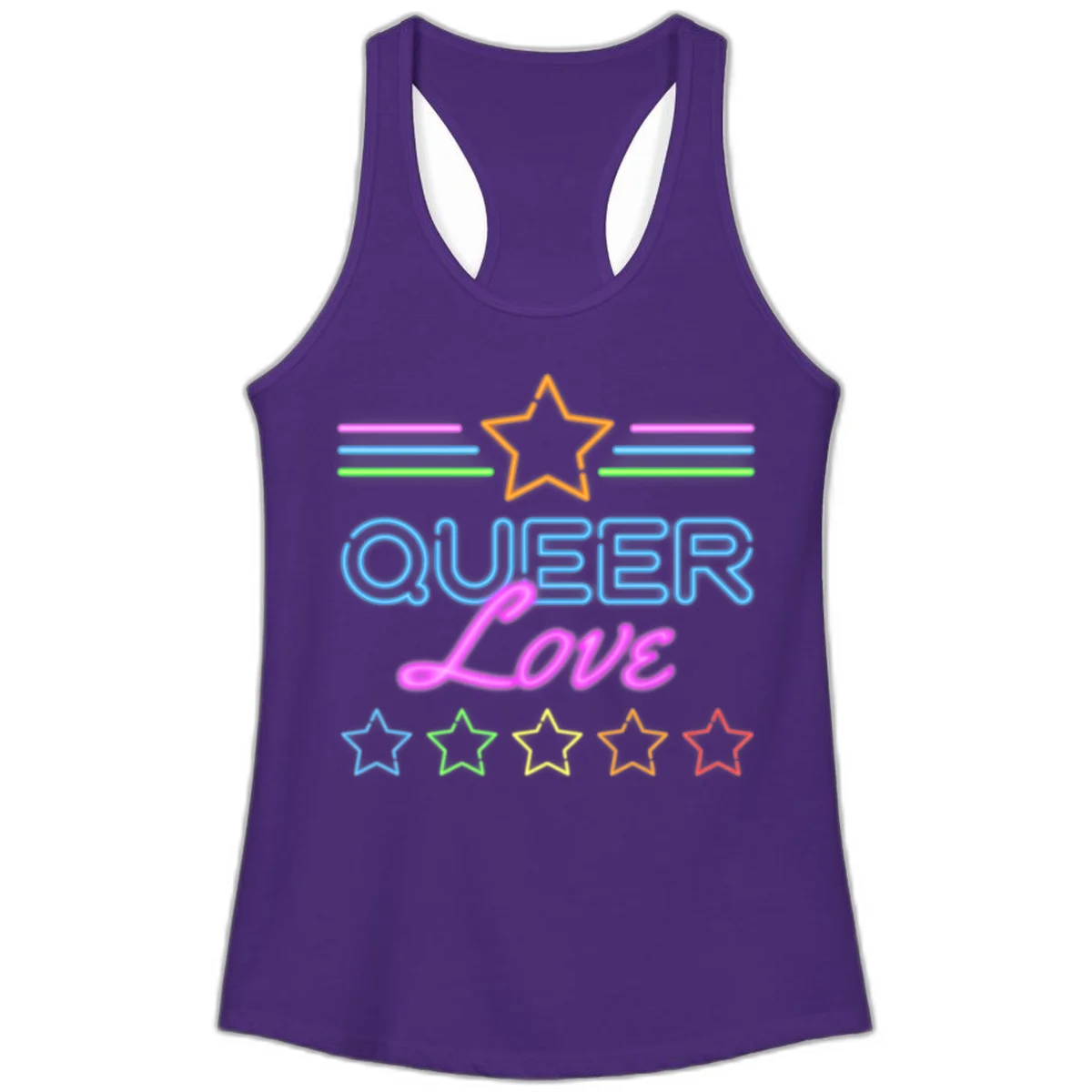 Neon queer love pride design with blue outlined text, magenta cursive script, orange and rainbow stars on gray background in Solid Purple Rush