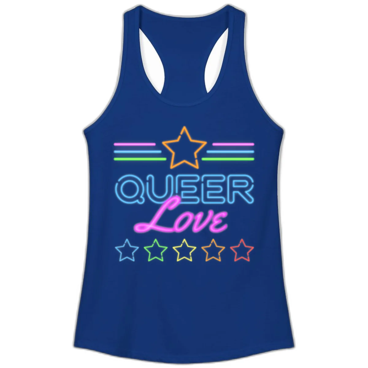 Neon queer love pride design with blue outlined text, magenta cursive script, orange and rainbow stars on gray background in Solid Royal