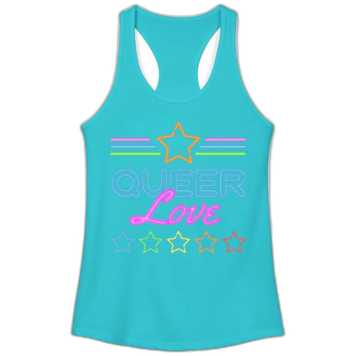 Neon queer love pride design with blue outlined text, magenta cursive script, orange and rainbow stars on gray background in Solid Tahiti Blue