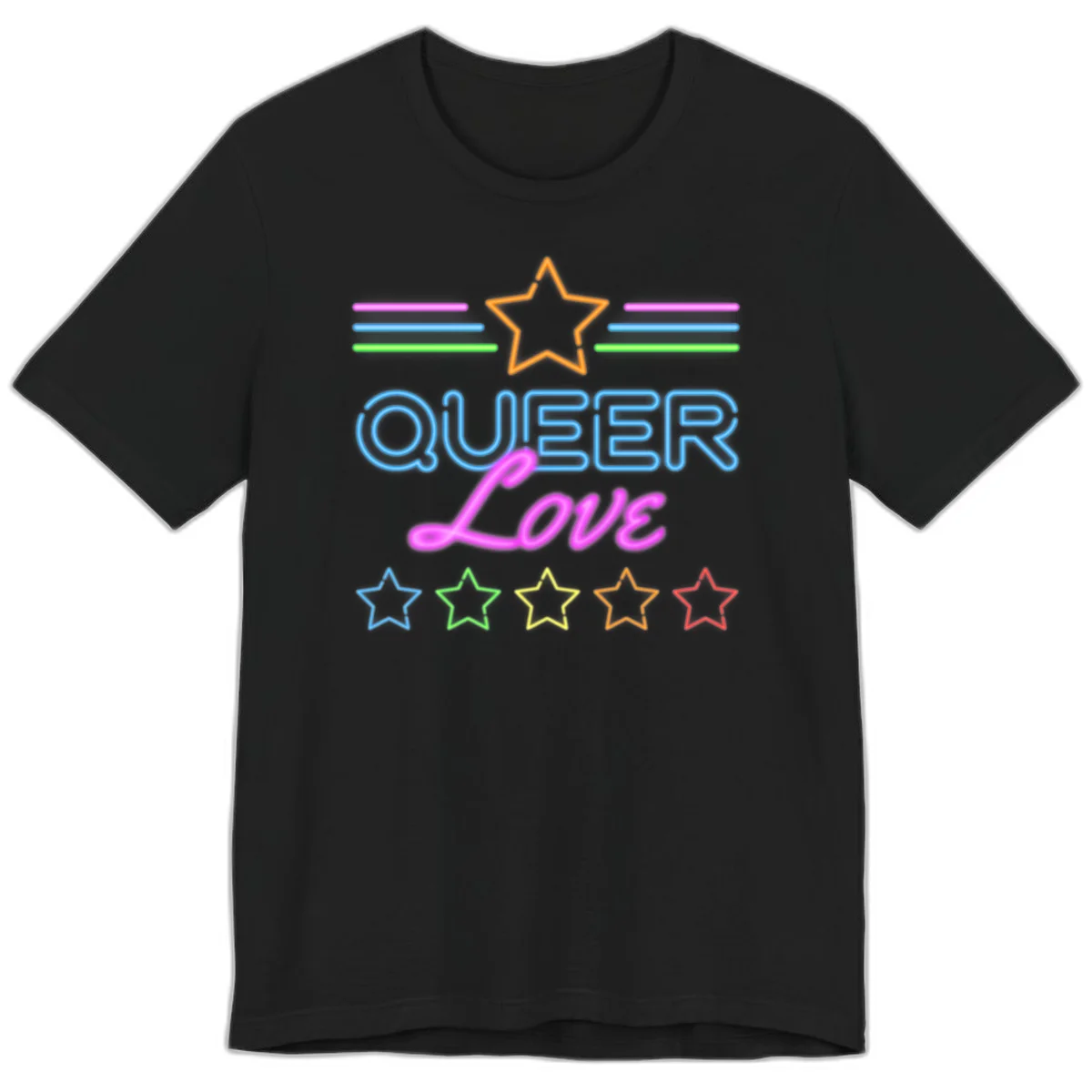 Neon queer love pride design with blue outlined text, magenta cursive script, orange and rainbow stars on gray background in Black