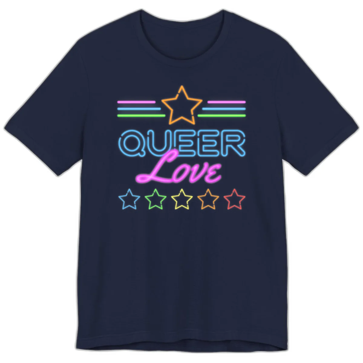 Neon queer love pride design with blue outlined text, magenta cursive script, orange and rainbow stars on gray background in Navy