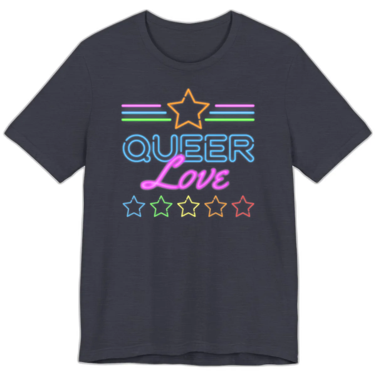 Neon queer love pride design with blue outlined text, magenta cursive script, orange and rainbow stars on gray background in Heather Midnight Navy