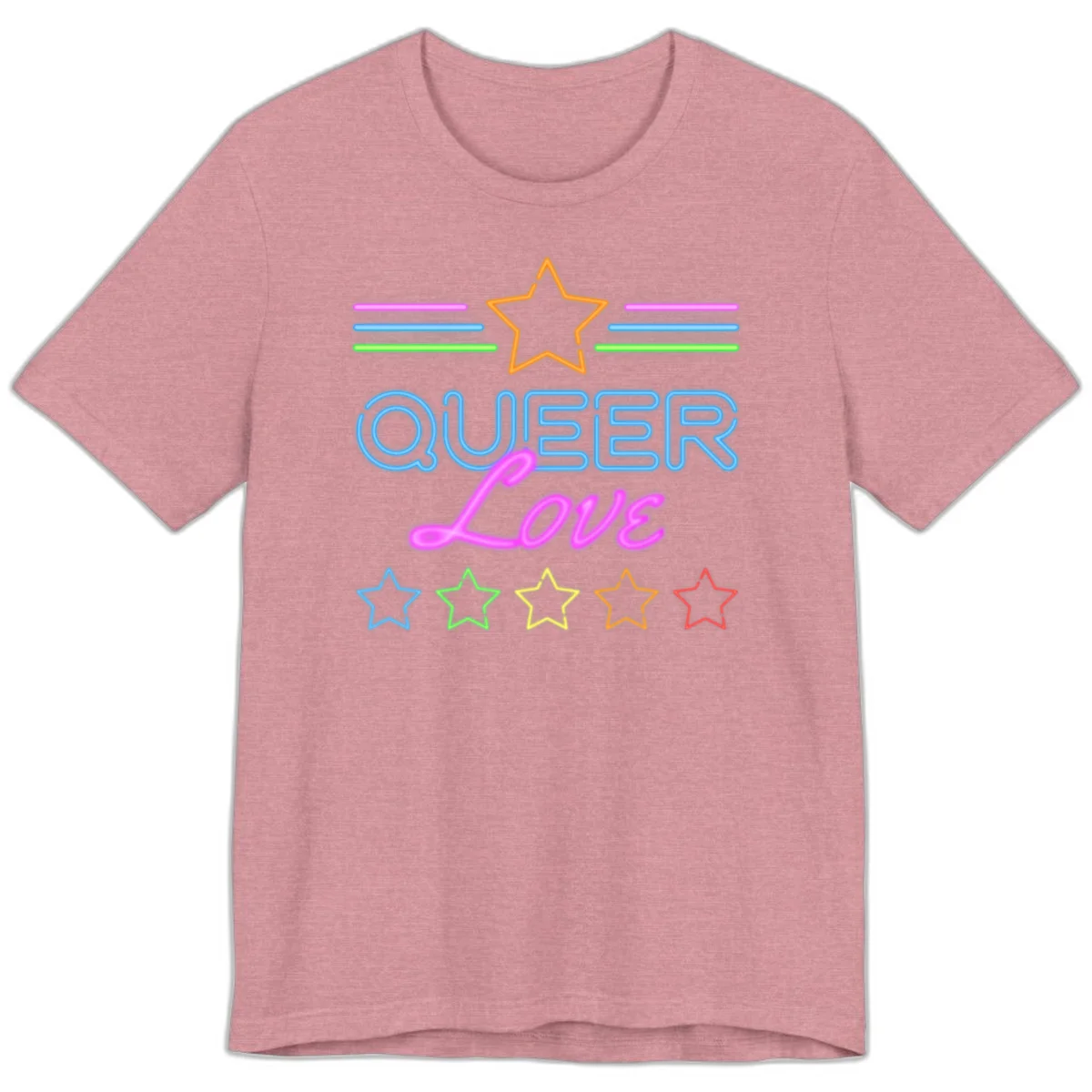 Neon queer love pride design with blue outlined text, magenta cursive script, orange and rainbow stars on gray background in Heather Orchid