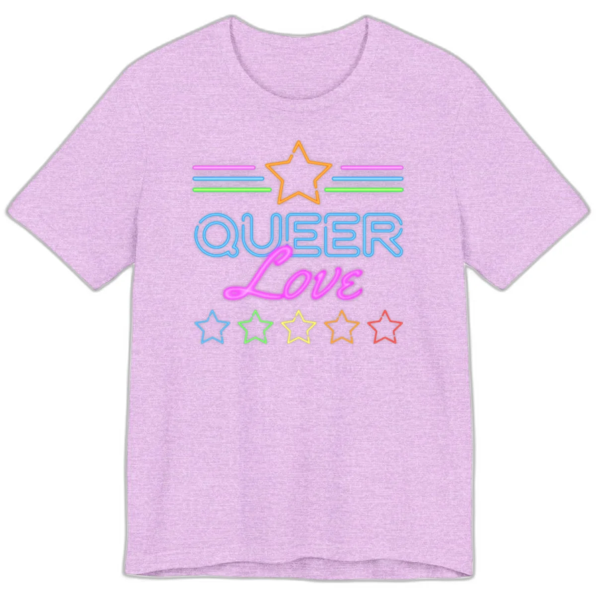 Neon queer love pride design with blue outlined text, magenta cursive script, orange and rainbow stars on gray background in Heather Prism Lilac