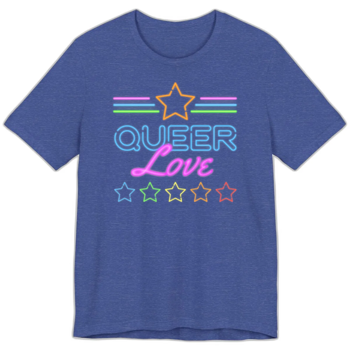 Neon queer love pride design with blue outlined text, magenta cursive script, orange and rainbow stars on gray background in Heather True Royal