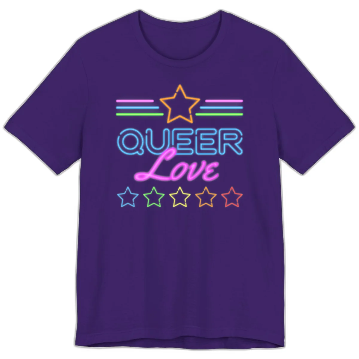 Neon queer love pride design with blue outlined text, magenta cursive script, orange and rainbow stars on gray background in Team Purple