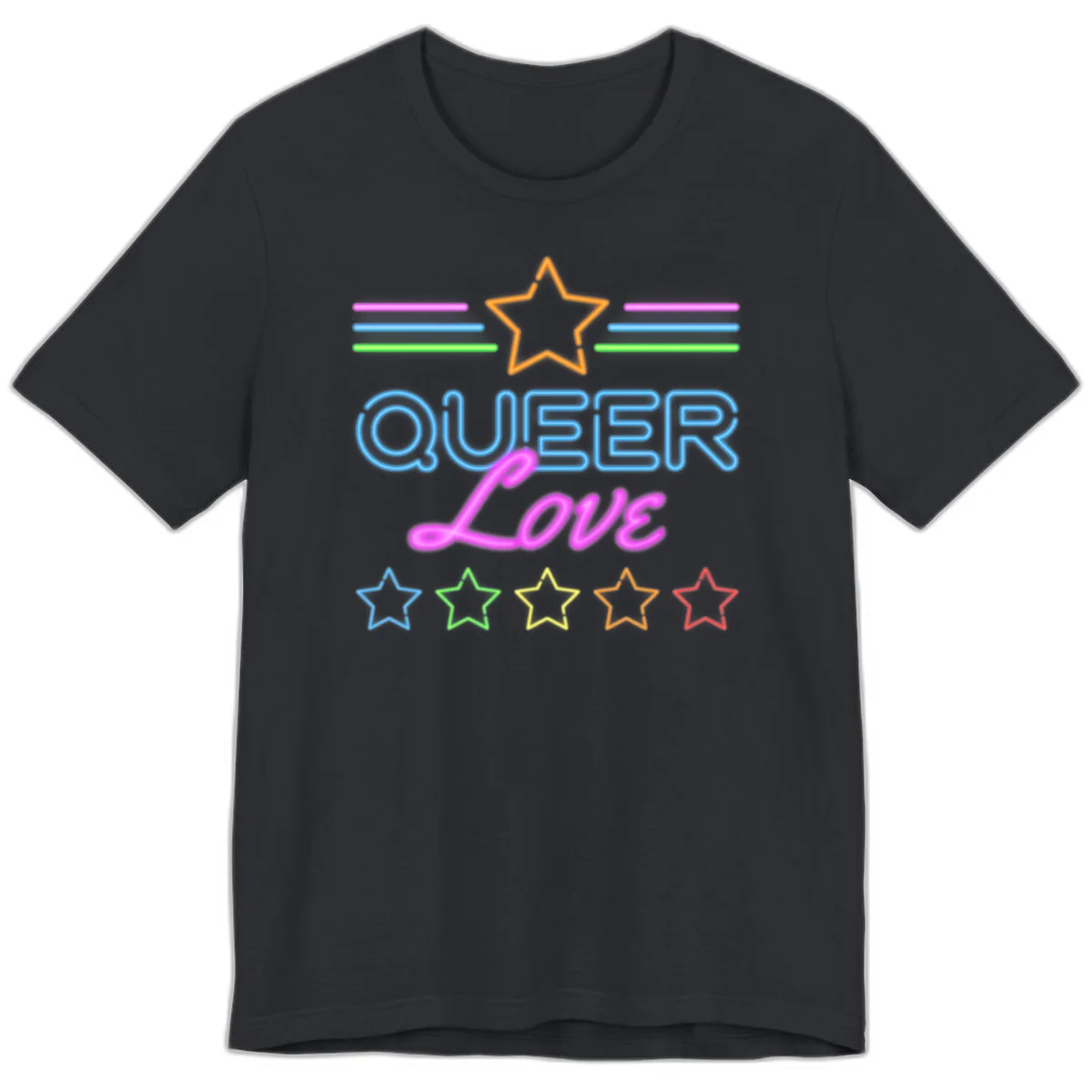 Neon queer love pride design with blue outlined text, magenta cursive script, orange and rainbow stars on gray background in Vintage Black