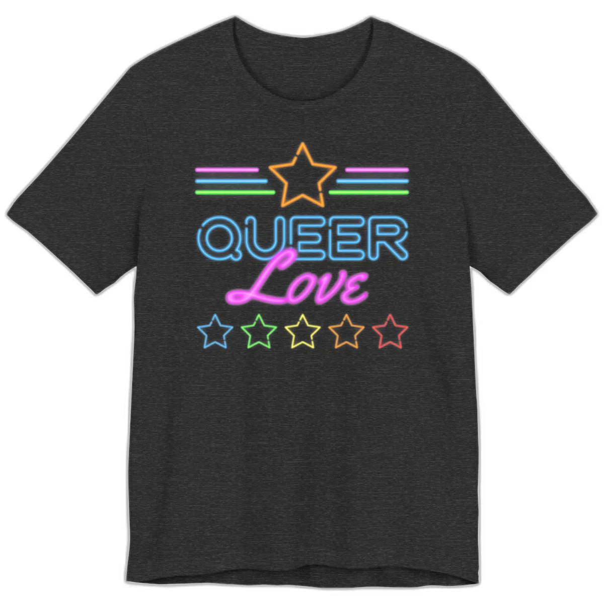 Neon queer love pride design with blue outlined text, magenta cursive script, orange and rainbow stars on gray background in Dark Grey Heather
