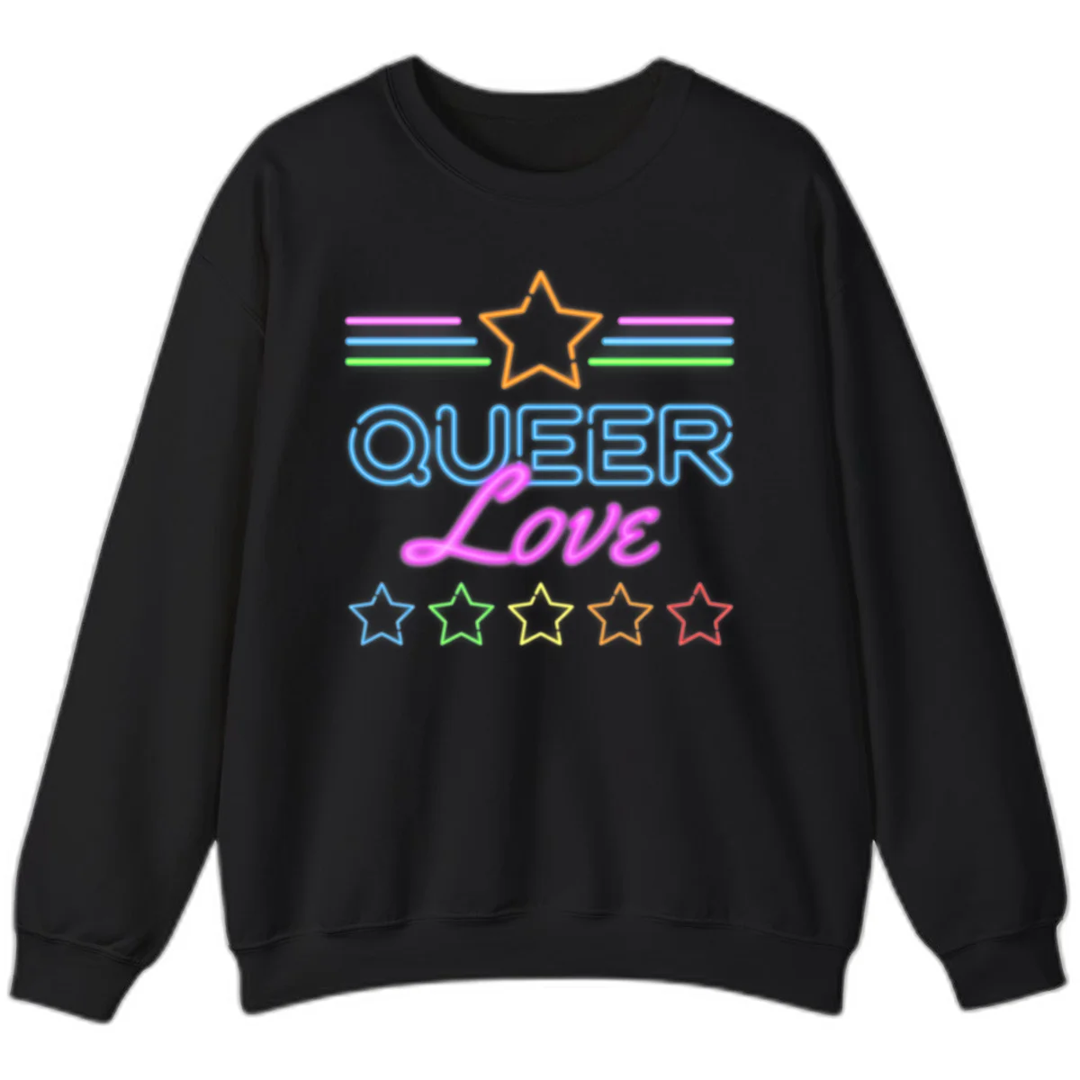 Neon queer love pride design with blue outlined text, magenta cursive script, orange and rainbow stars on gray background in Black
