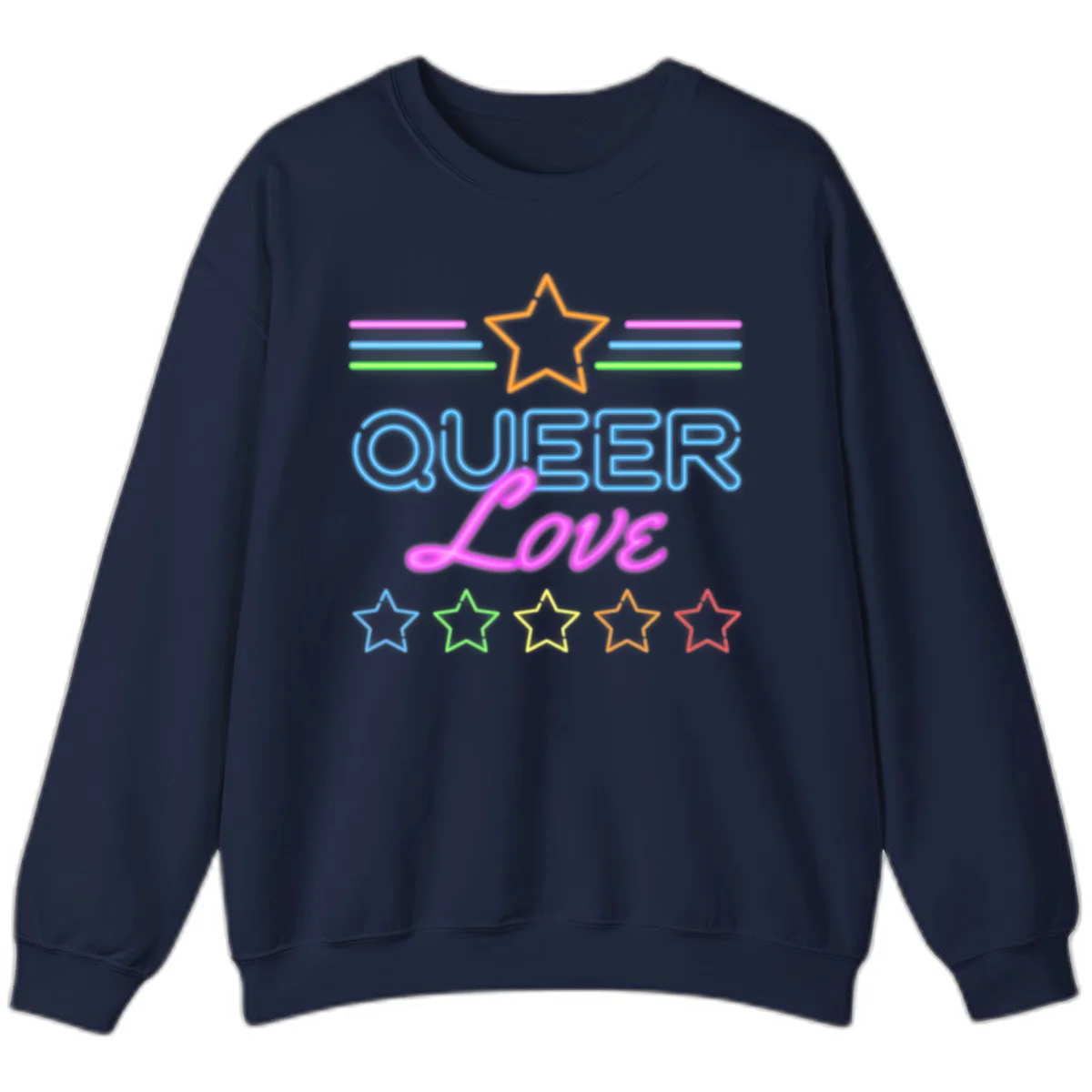 Neon queer love pride design with blue outlined text, magenta cursive script, orange and rainbow stars on gray background in Navy