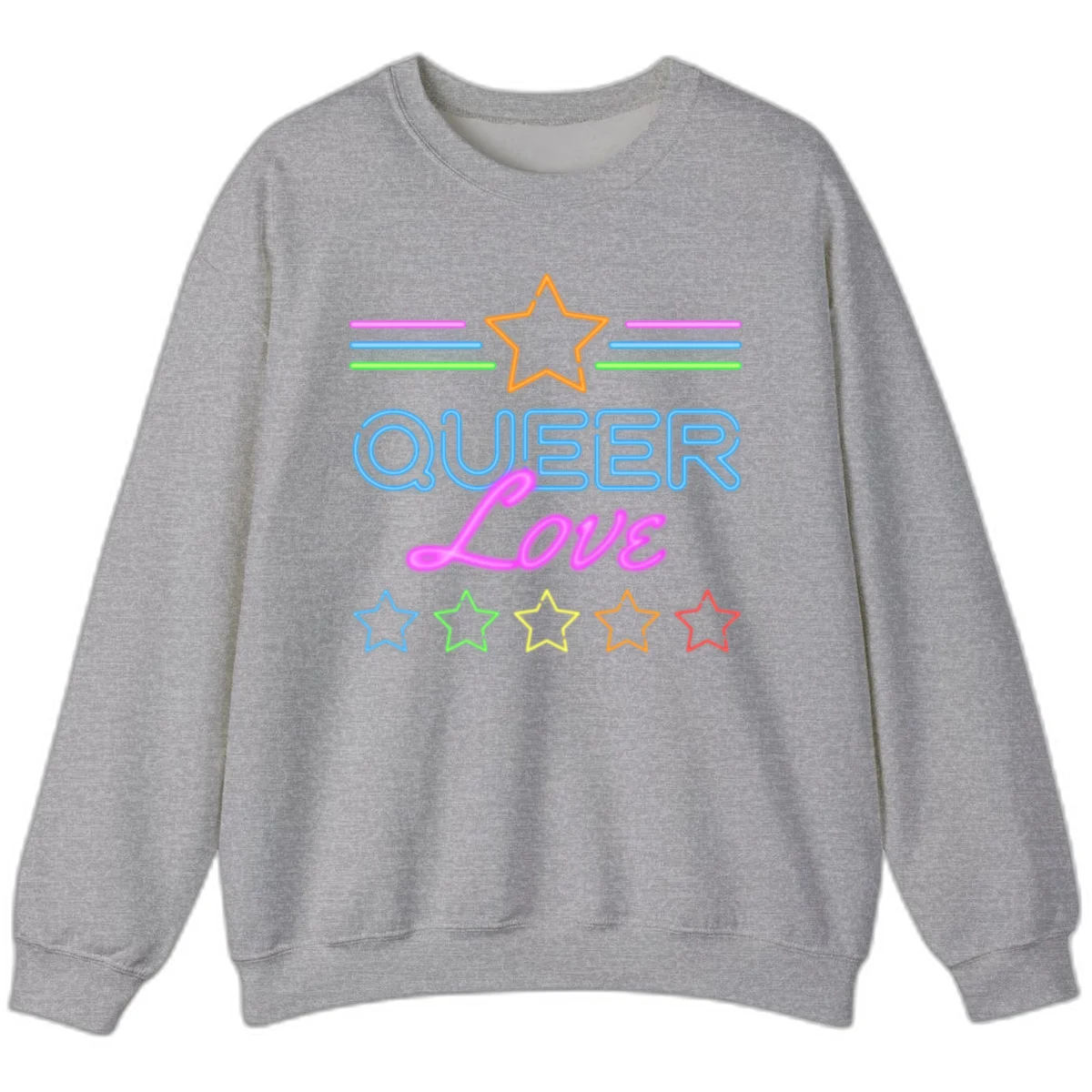 Neon queer love pride design with blue outlined text, magenta cursive script, orange and rainbow stars on gray background in Sport Grey