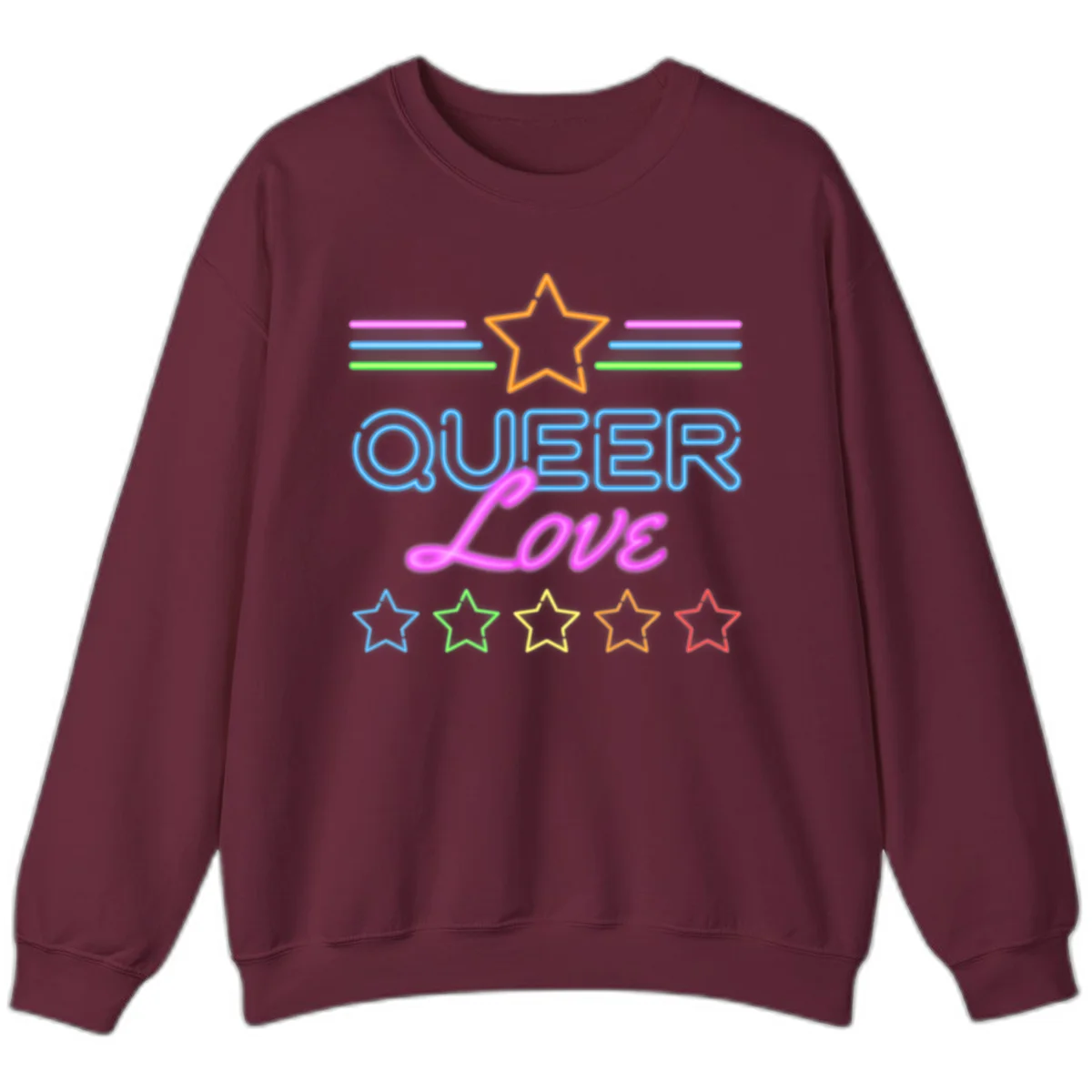 Neon queer love pride design with blue outlined text, magenta cursive script, orange and rainbow stars on gray background in Maroon