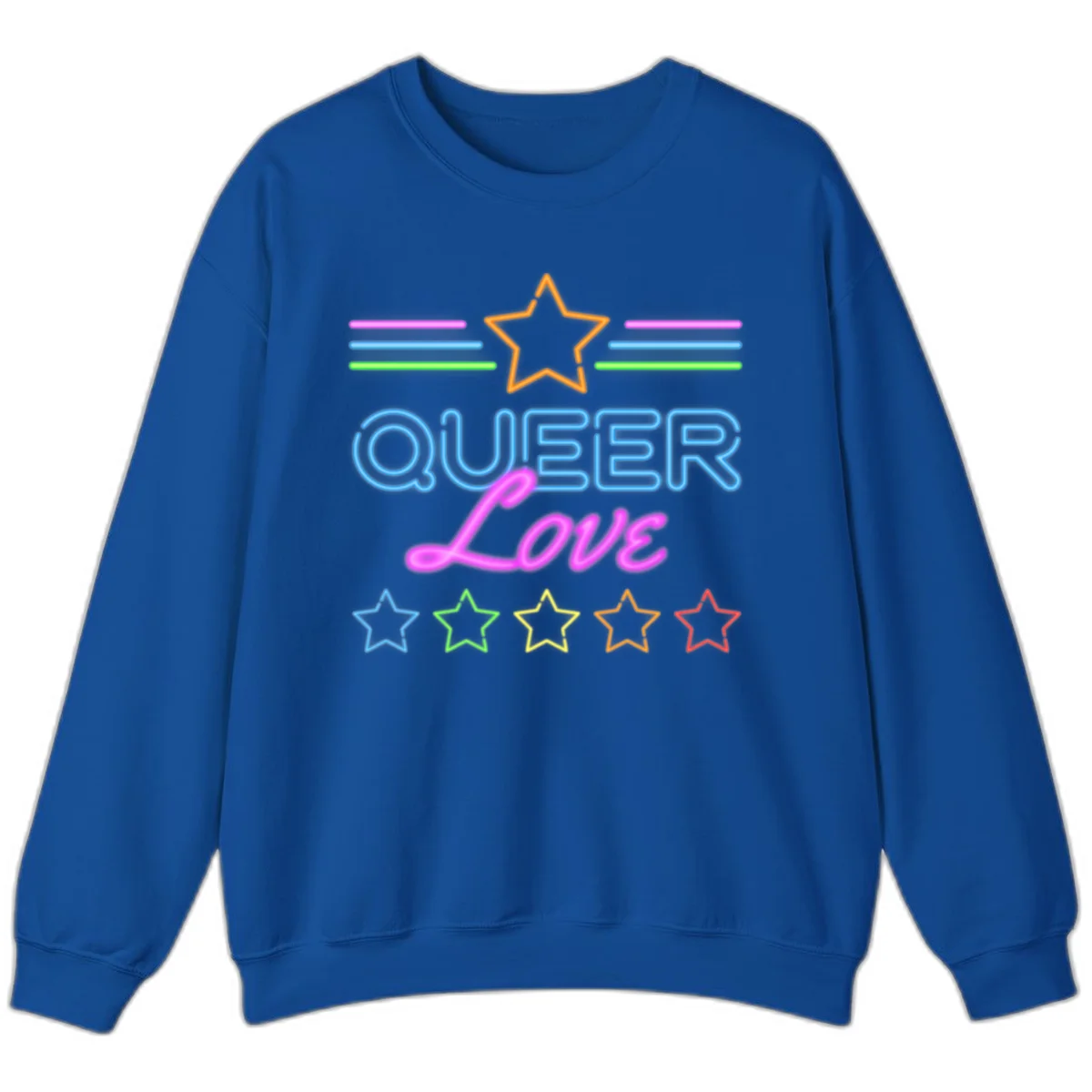 Neon queer love pride design with blue outlined text, magenta cursive script, orange and rainbow stars on gray background in Royal
