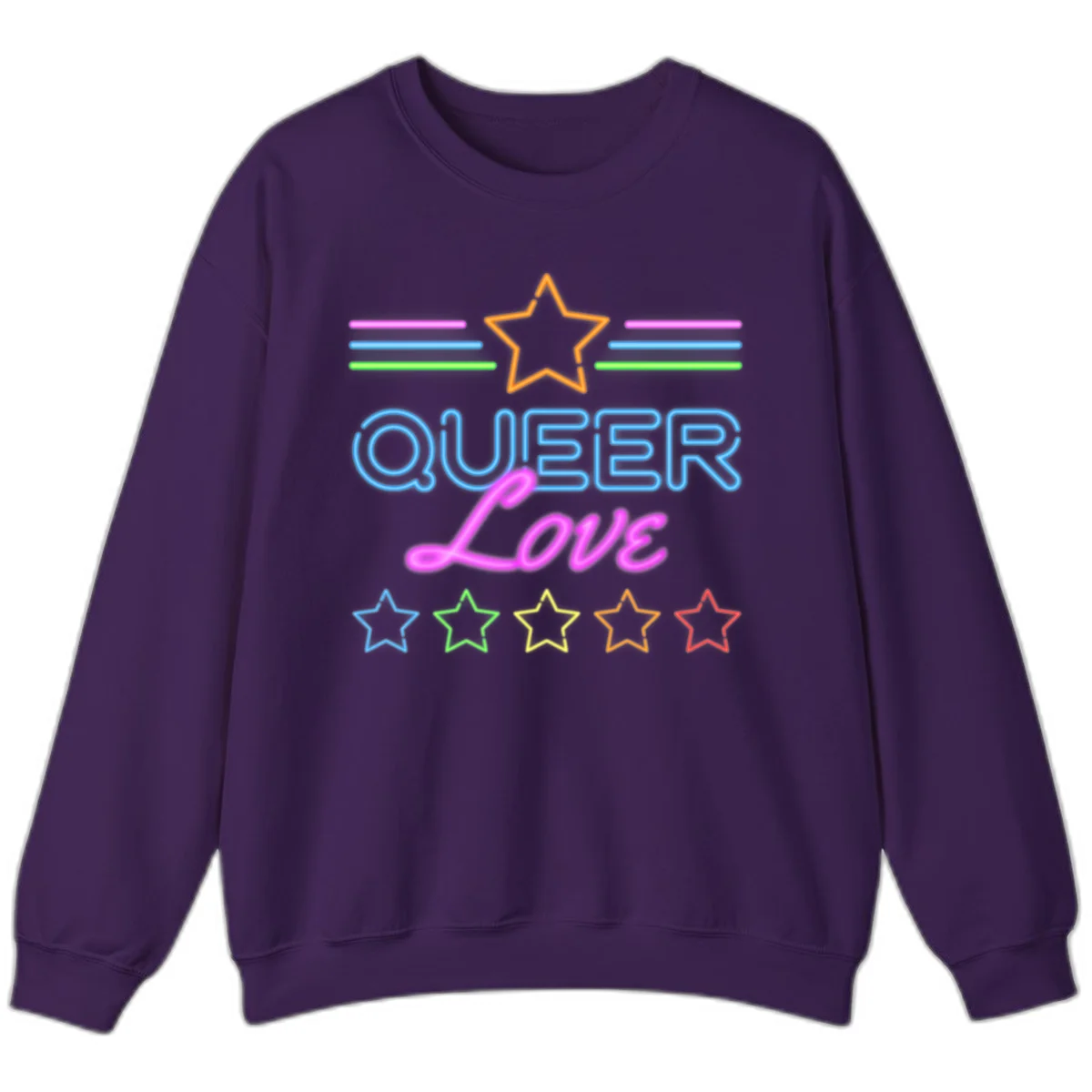 Neon queer love pride design with blue outlined text, magenta cursive script, orange and rainbow stars on gray background in Purple