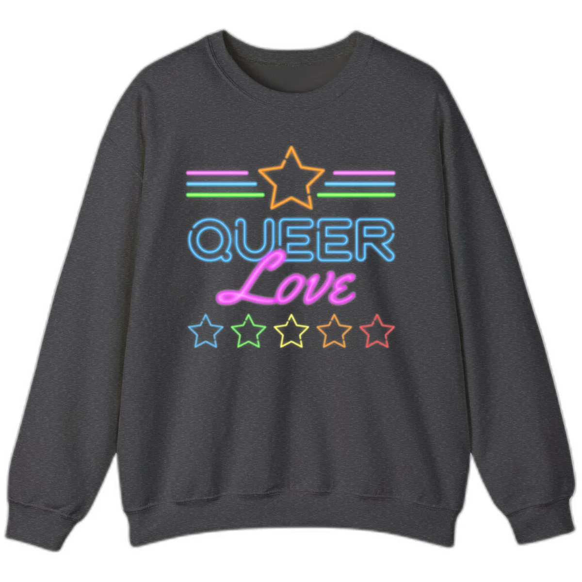 Neon queer love pride design with blue outlined text, magenta cursive script, orange and rainbow stars on gray background in Dark Heather