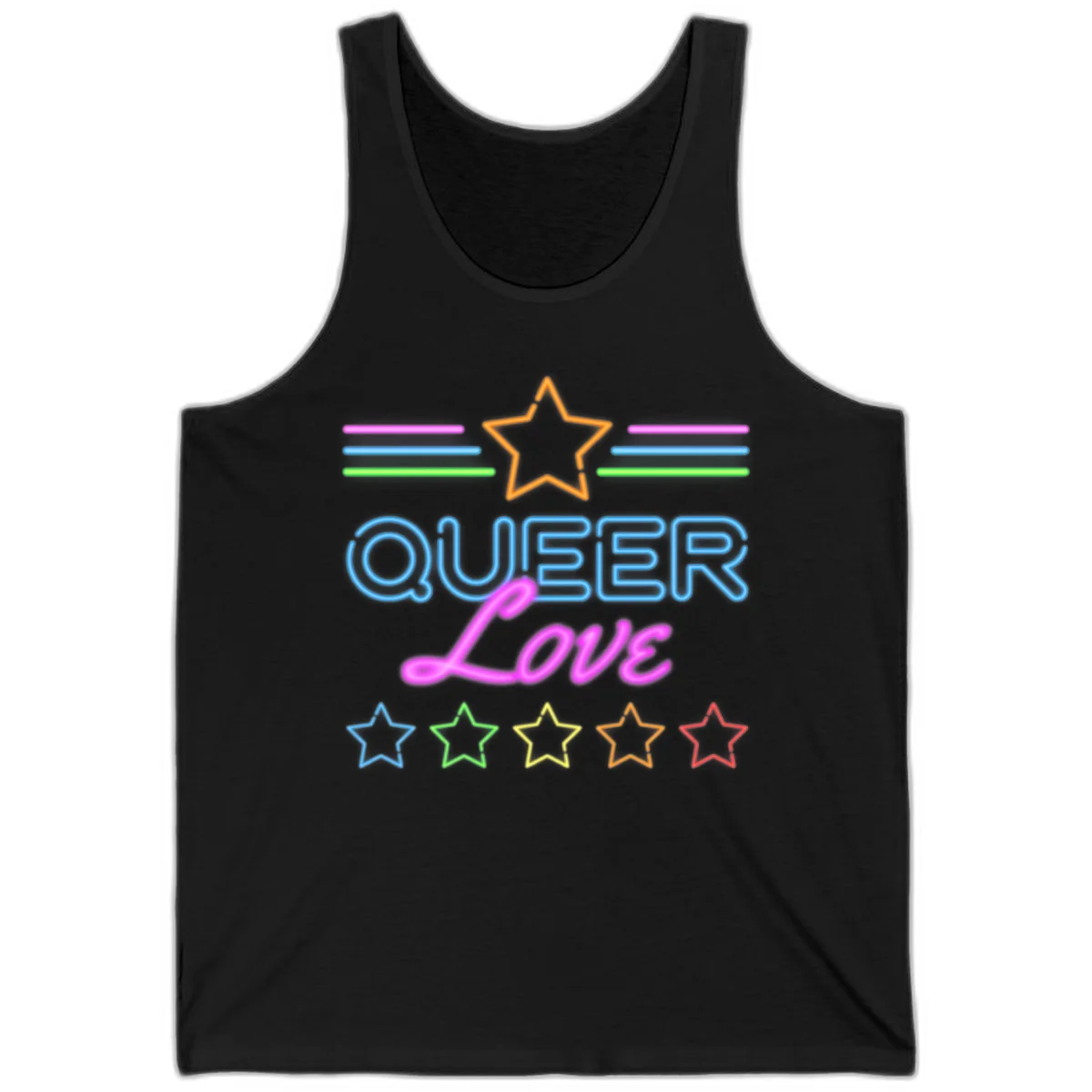 Neon queer love pride design with blue outlined text, magenta cursive script, orange and rainbow stars on gray background in Black