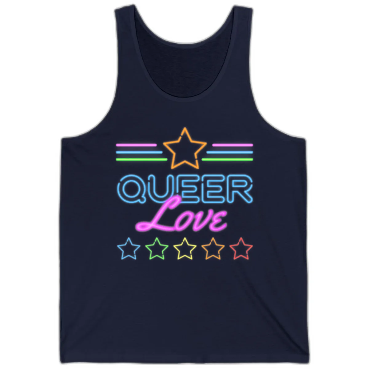 Neon queer love pride design with blue outlined text, magenta cursive script, orange and rainbow stars on gray background in Navy