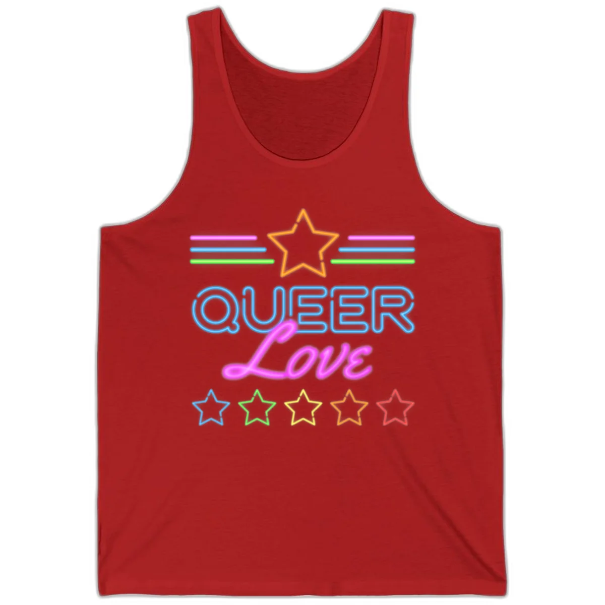 Neon queer love pride design with blue outlined text, magenta cursive script, orange and rainbow stars on gray background in Red