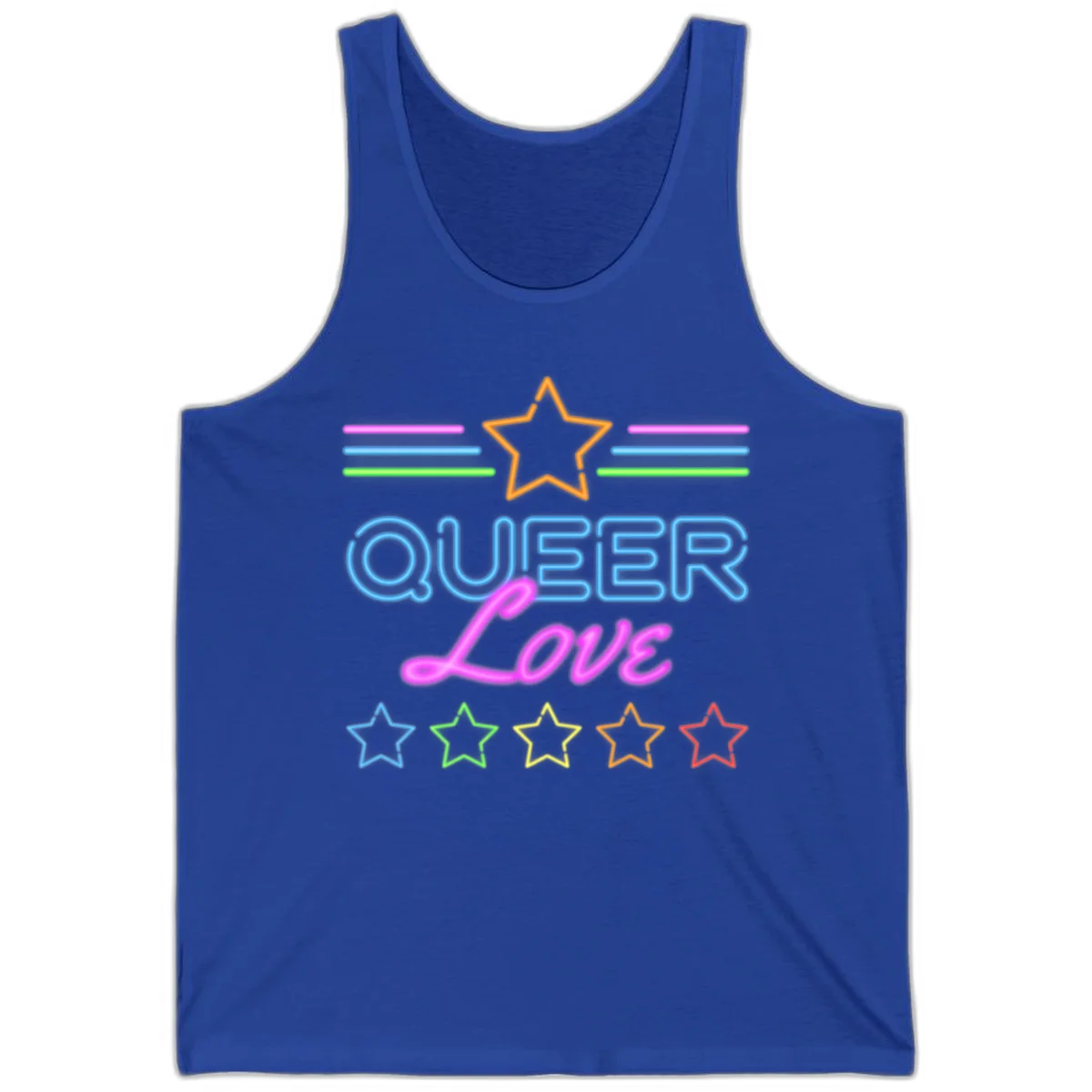 Neon queer love pride design with blue outlined text, magenta cursive script, orange and rainbow stars on gray background in True Royal