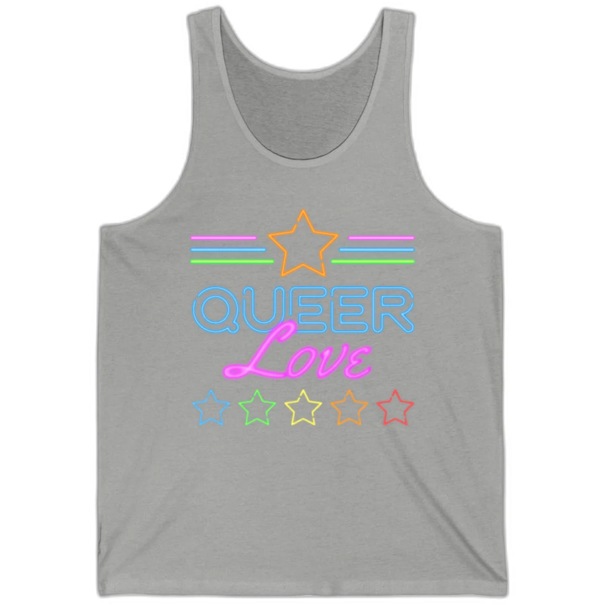 Neon queer love pride design with blue outlined text, magenta cursive script, orange and rainbow stars on gray background in Athletic Heather