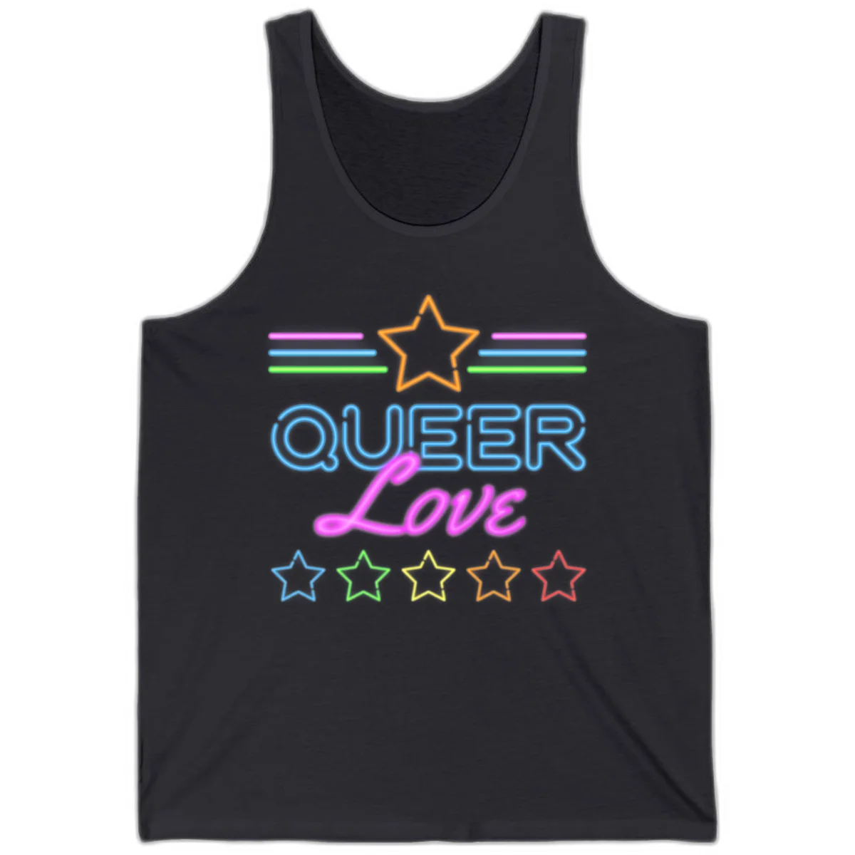Neon queer love pride design with blue outlined text, magenta cursive script, orange and rainbow stars on gray background in Dark Grey