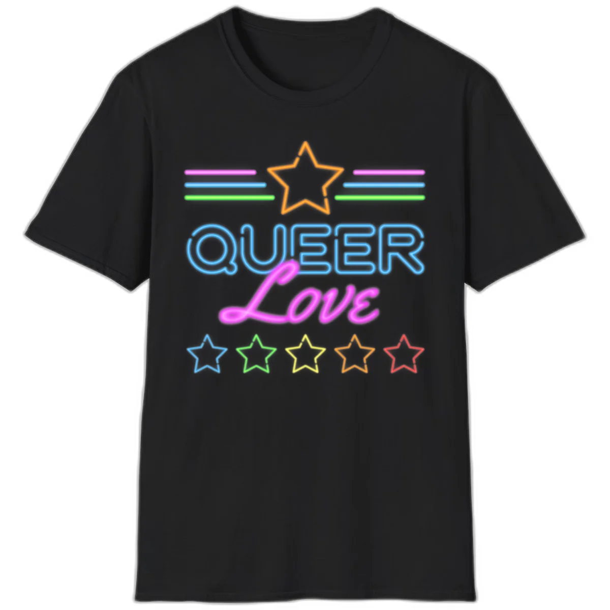 Neon queer love pride design with blue outlined text, magenta cursive script, orange and rainbow stars on gray background in Black