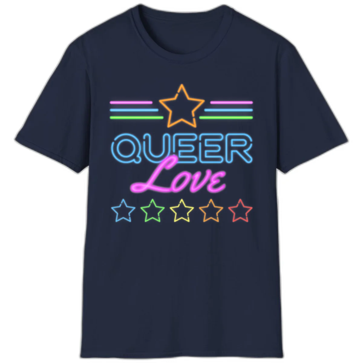 Neon queer love pride design with blue outlined text, magenta cursive script, orange and rainbow stars on gray background in Navy