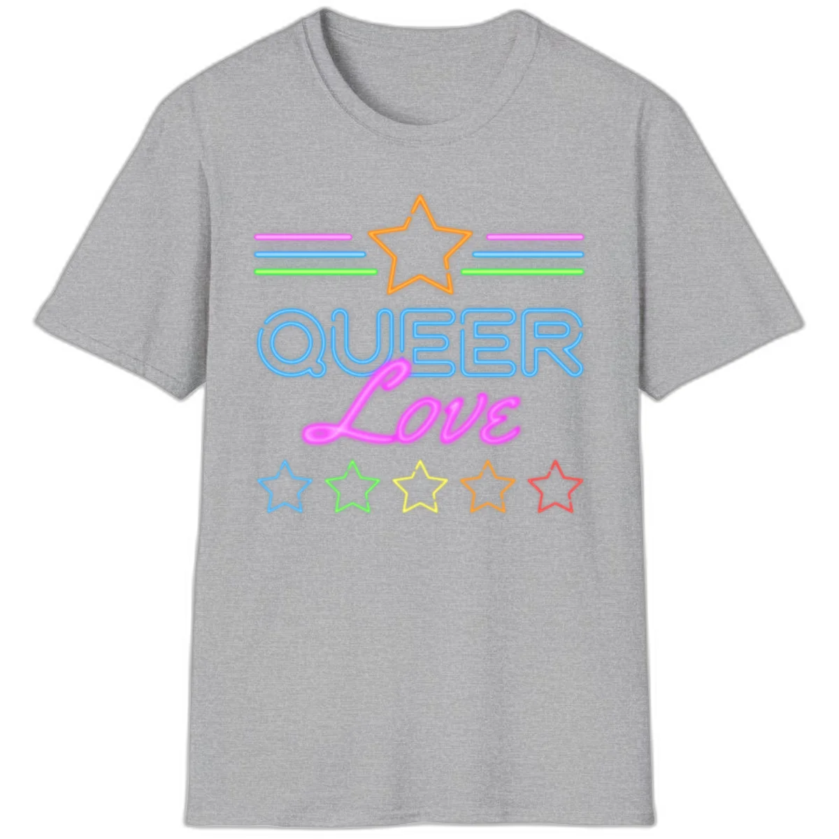 Neon queer love pride design with blue outlined text, magenta cursive script, orange and rainbow stars on gray background in Sport Grey