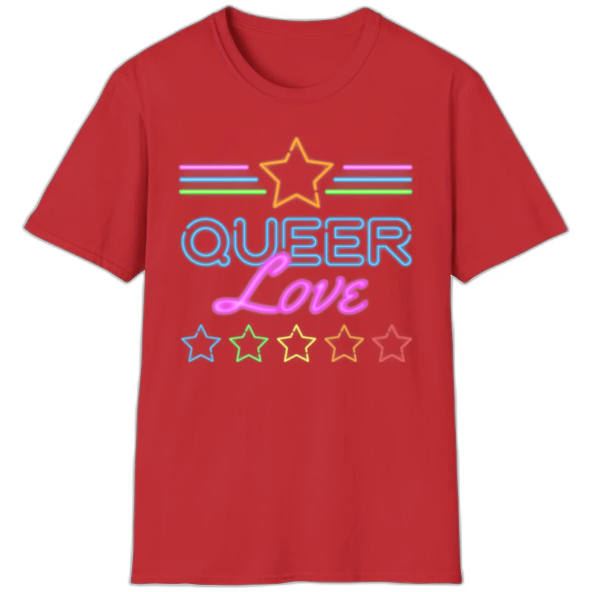 Neon queer love pride design with blue outlined text, magenta cursive script, orange and rainbow stars on gray background in Red