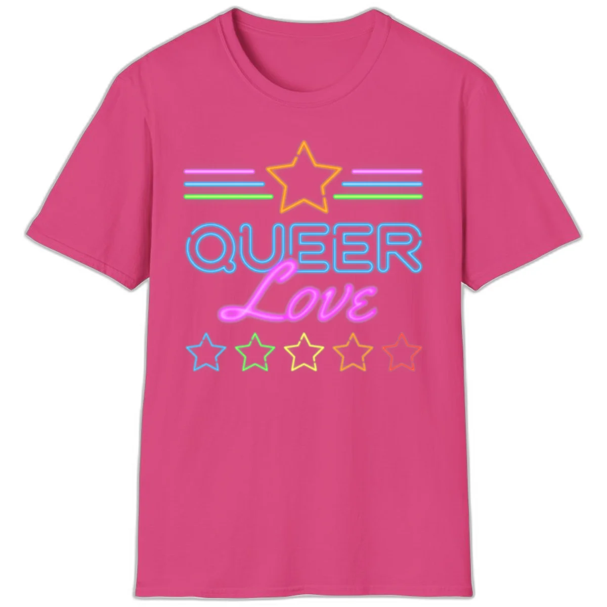 Neon queer love pride design with blue outlined text, magenta cursive script, orange and rainbow stars on gray background in Heliconia