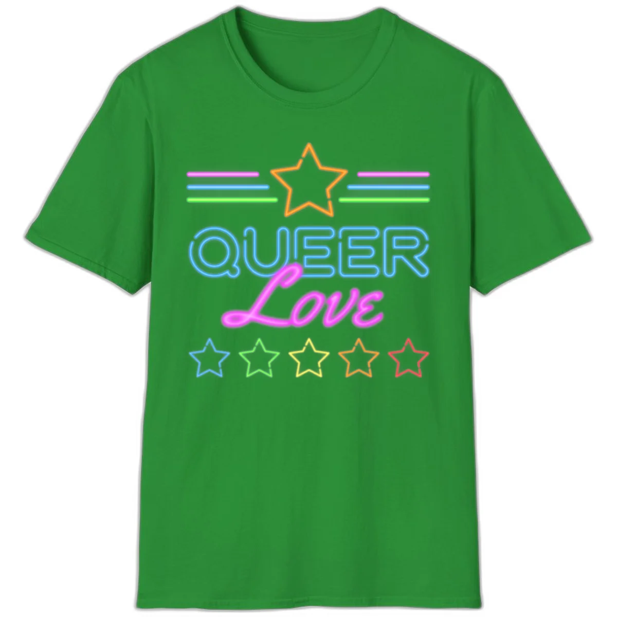 Neon queer love pride design with blue outlined text, magenta cursive script, orange and rainbow stars on gray background in Irish Green