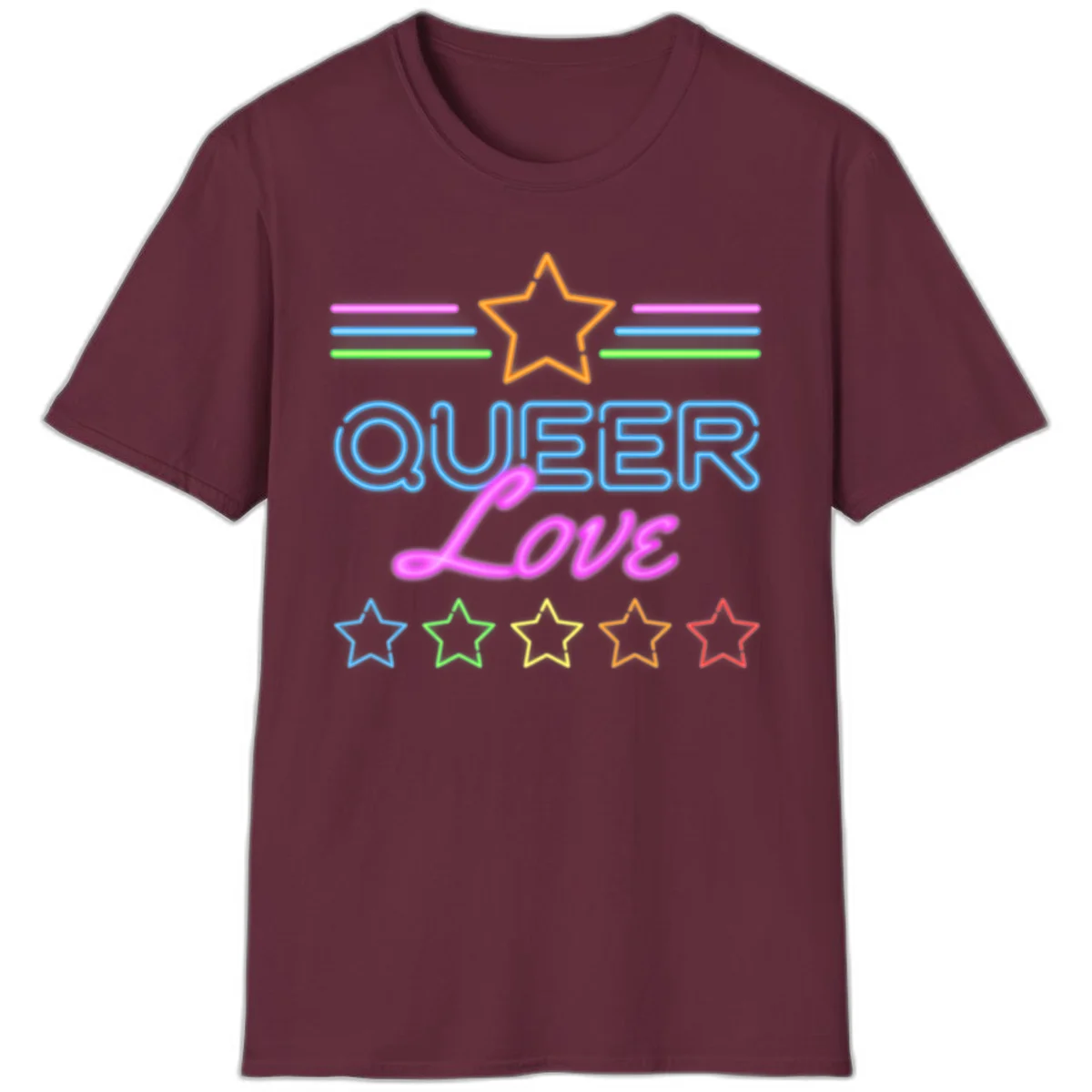 Neon queer love pride design with blue outlined text, magenta cursive script, orange and rainbow stars on gray background in Maroon