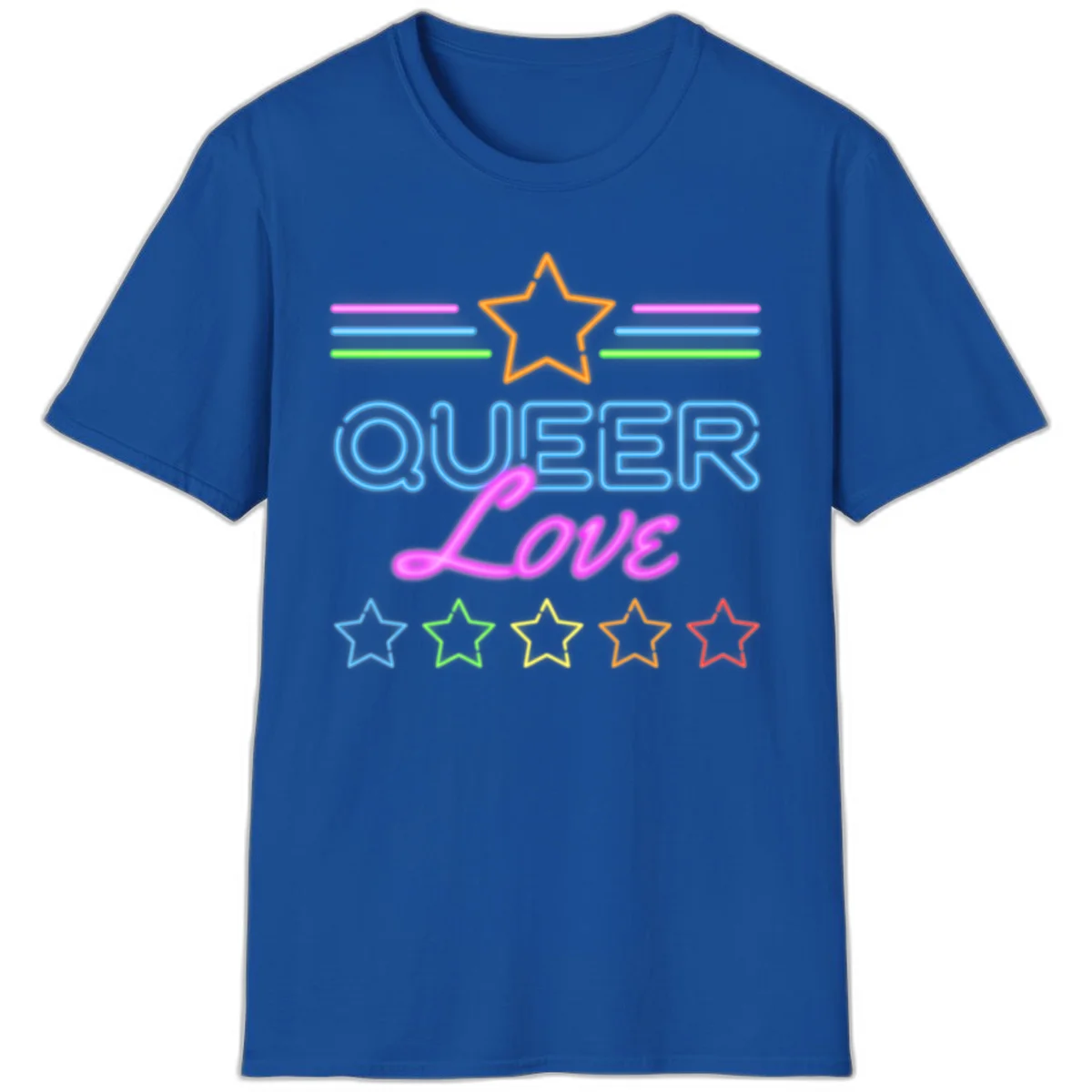 Neon queer love pride design with blue outlined text, magenta cursive script, orange and rainbow stars on gray background in Royal