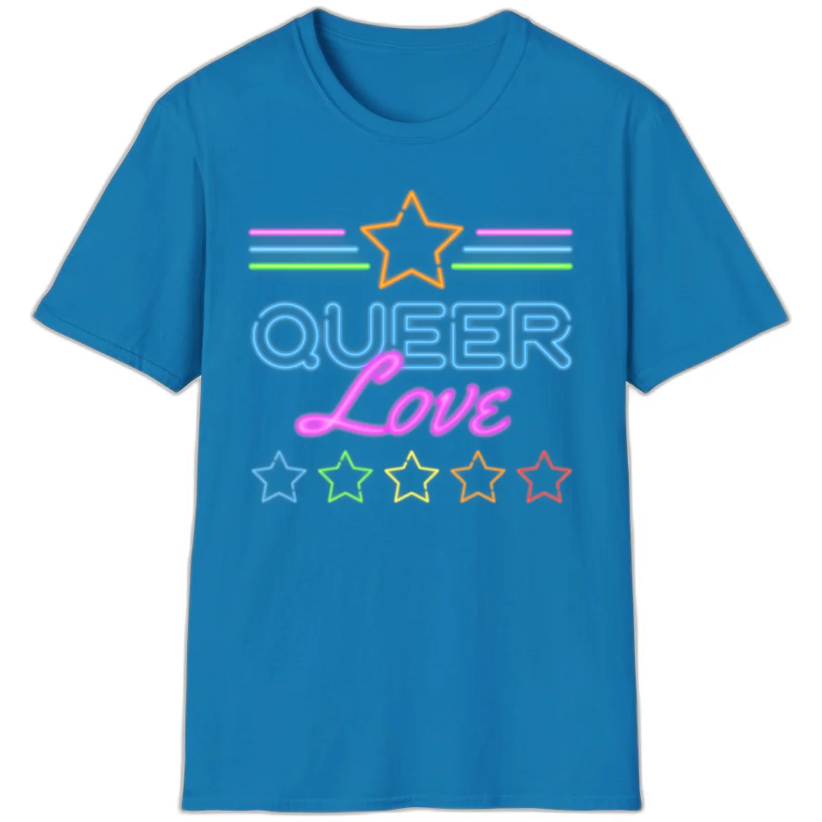 Neon queer love pride design with blue outlined text, magenta cursive script, orange and rainbow stars on gray background in Sapphire