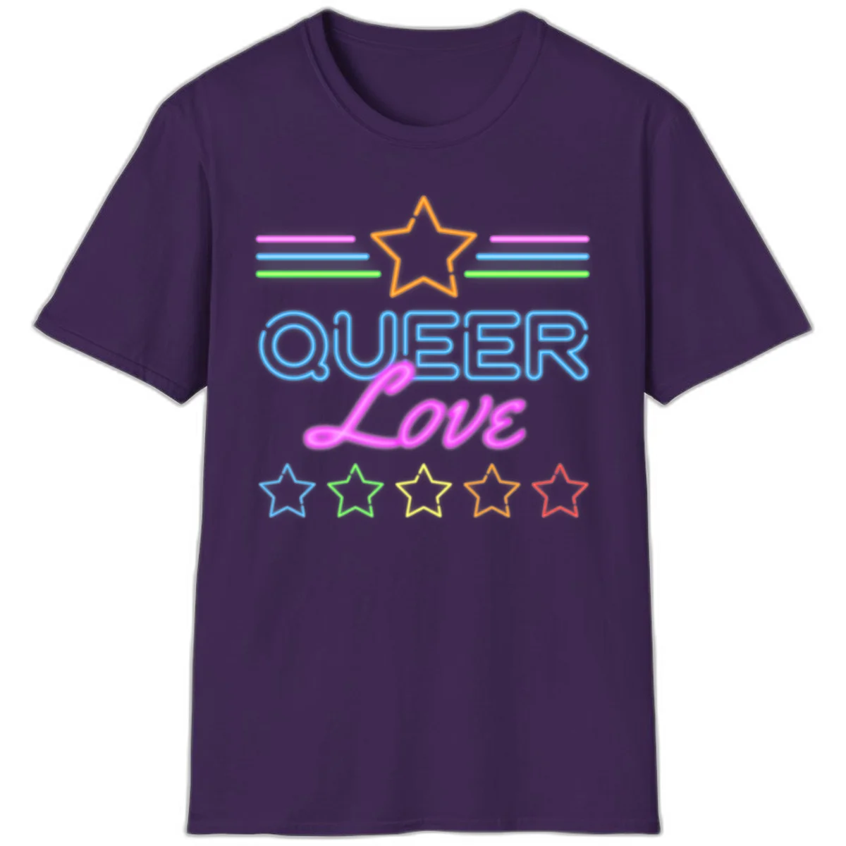 Neon queer love pride design with blue outlined text, magenta cursive script, orange and rainbow stars on gray background in Purple