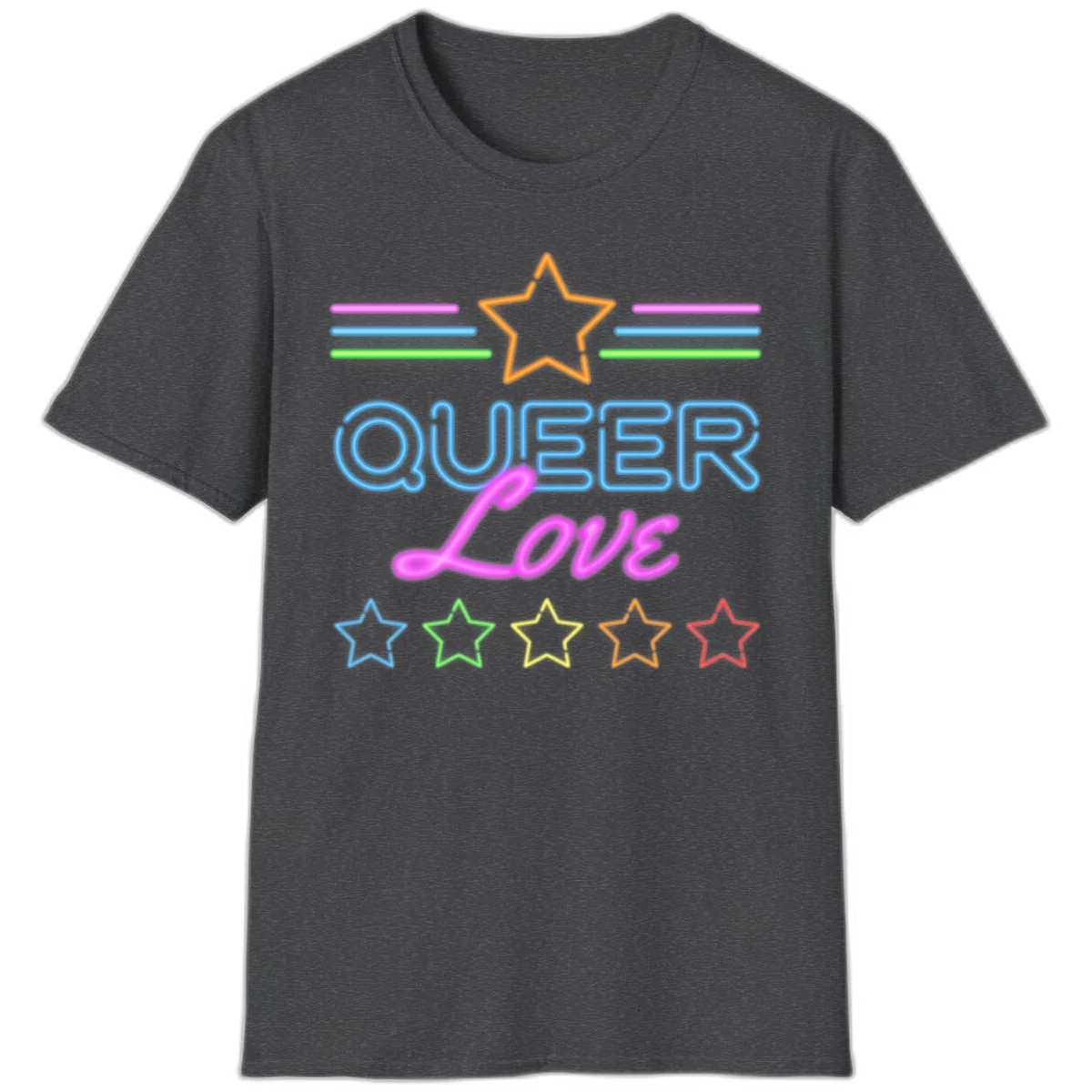 Neon queer love pride design with blue outlined text, magenta cursive script, orange and rainbow stars on gray background in Dark Heather
