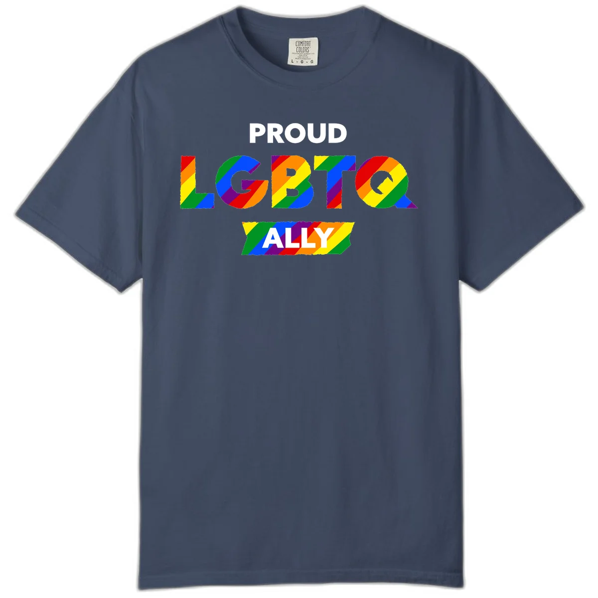 Colorful proud LGBTQ ally design with rainbow diagonal stripes filling large bold letters spelling out the message. in Midnight