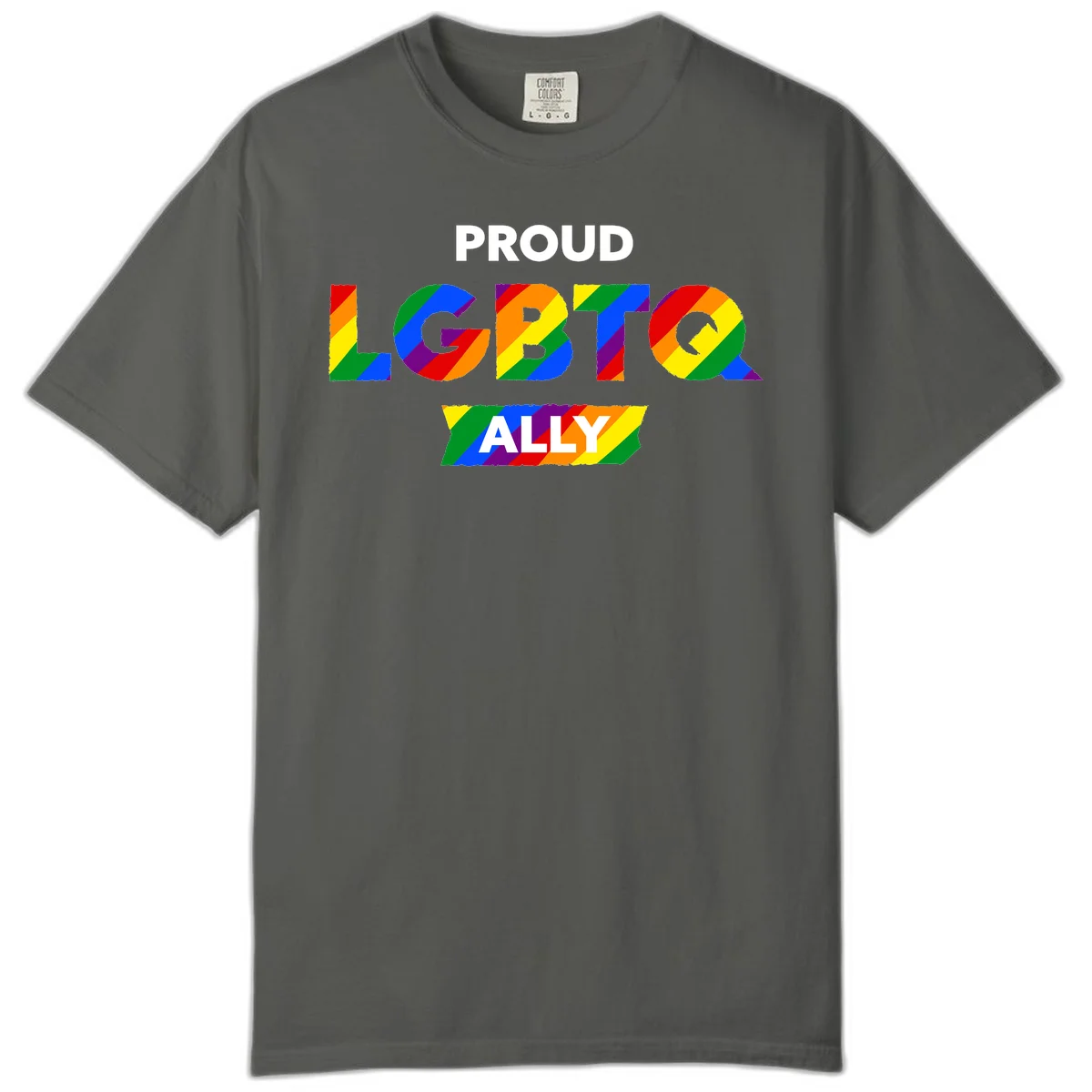 Colorful proud LGBTQ ally design with rainbow diagonal stripes filling large bold letters spelling out the message. in Pepper