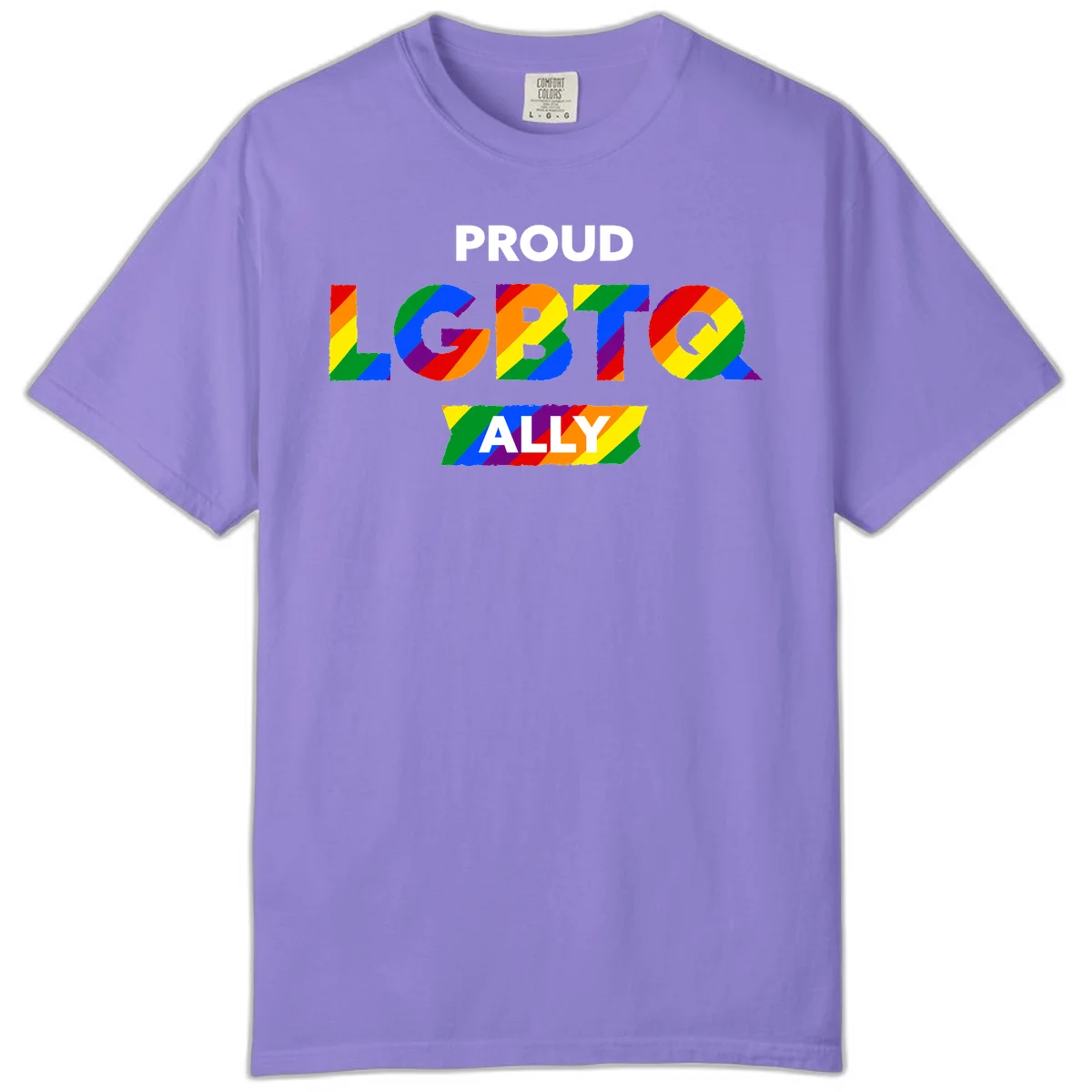 Colorful proud LGBTQ ally design with rainbow diagonal stripes filling large bold letters spelling out the message. in Violet