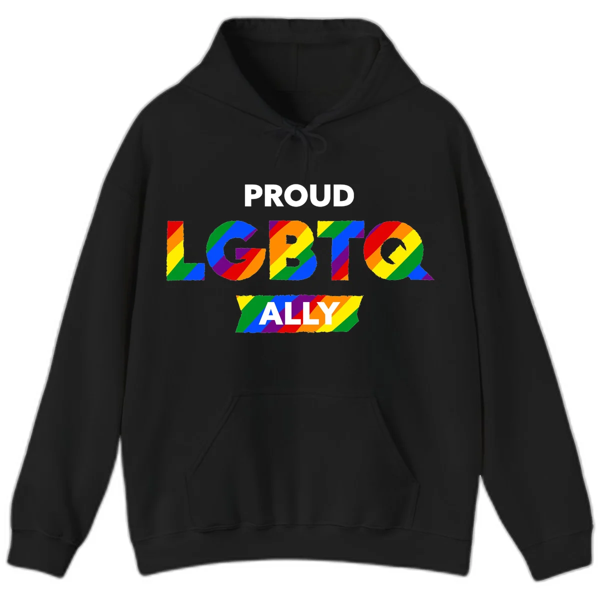 Colorful proud LGBTQ ally design with rainbow diagonal stripes filling large bold letters spelling out the message. in Black