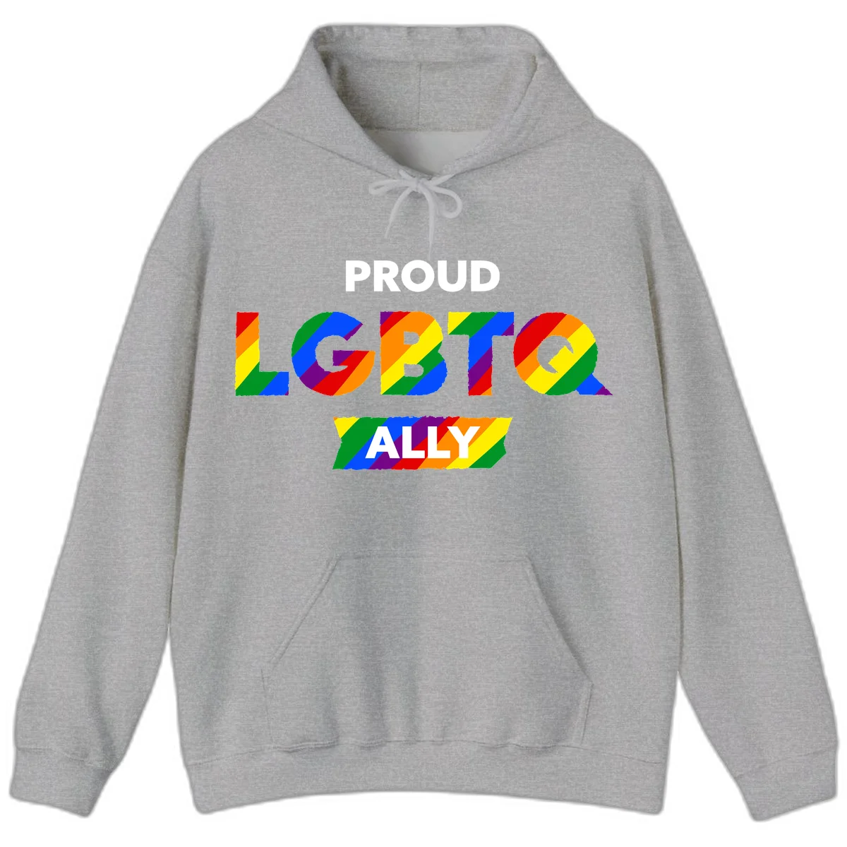 Colorful proud LGBTQ ally design with rainbow diagonal stripes filling large bold letters spelling out the message. in Sport Grey