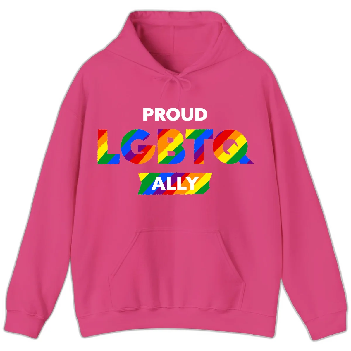 Colorful proud LGBTQ ally design with rainbow diagonal stripes filling large bold letters spelling out the message. in Heliconia
