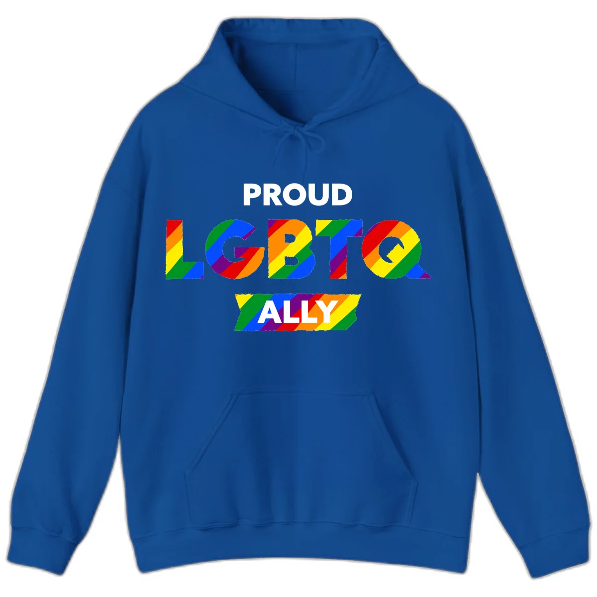 Colorful proud LGBTQ ally design with rainbow diagonal stripes filling large bold letters spelling out the message. in Royal
